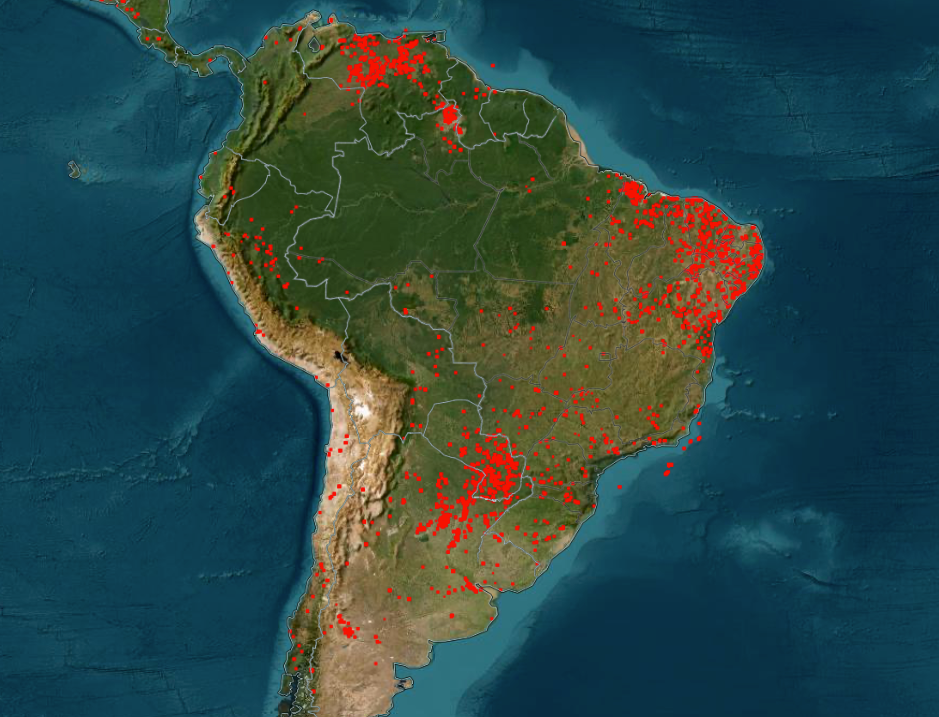 NASA FIRMS Fire Map showing active fires in Amazon rainforest - Monday 06/01/2025